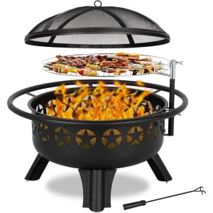 2 in 1 Fire Pit with Grill, Large 31" Wood Burning Fire Pit with Swivel